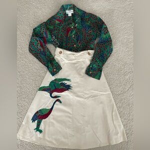 Vintage-Inspired Girls' Green & Cream Bird Print Dress Set - Label Unclear